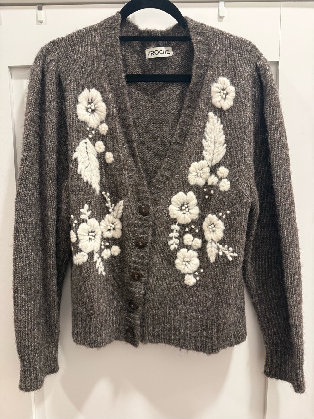 Roche Brown Floral-Appliqué V-Neck Cardigan